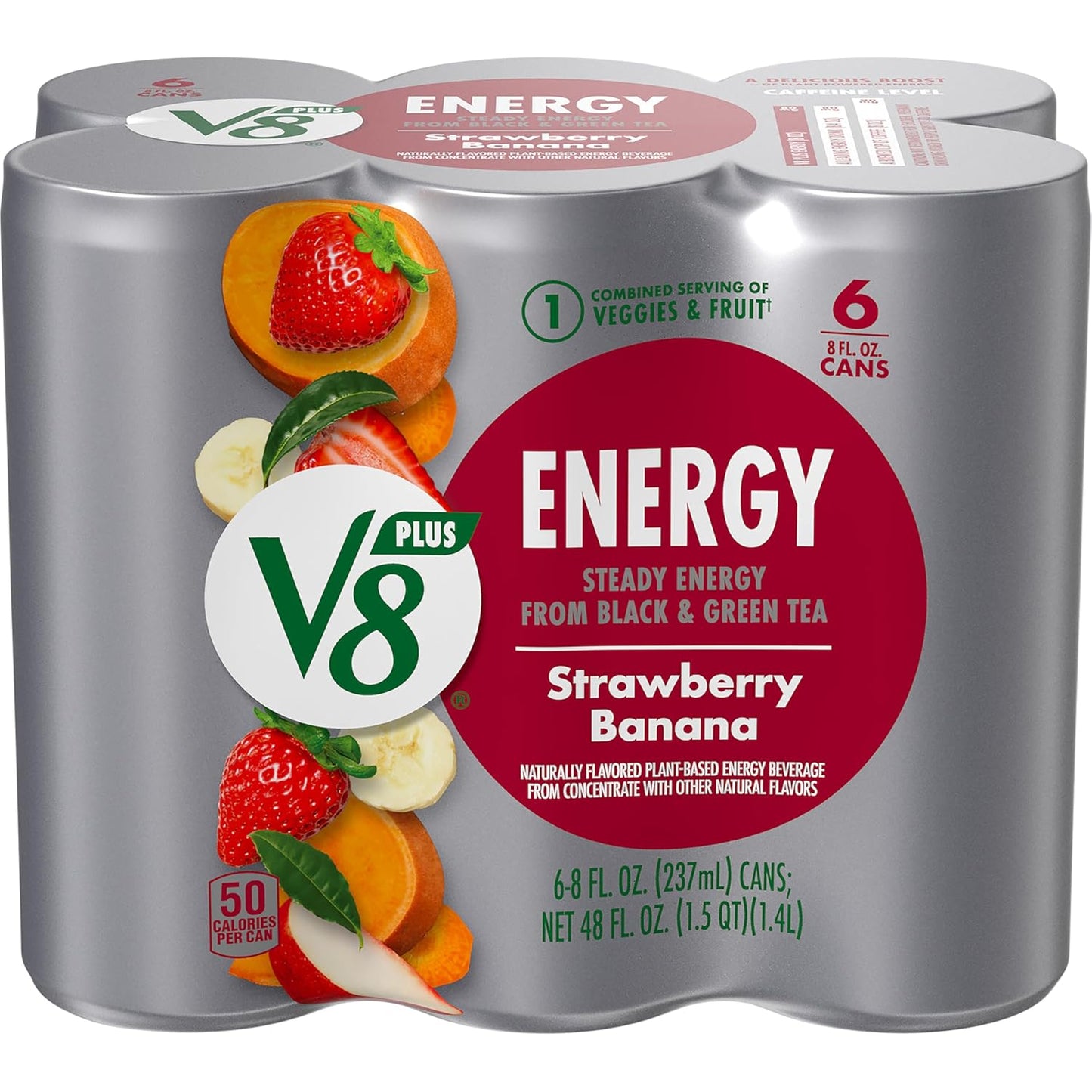V8 +ENERGY Strawberry Banana Energy Drink, Made with Real Vegetable and Fruit Juices, 8 FL OZ Can (Pack of 6)