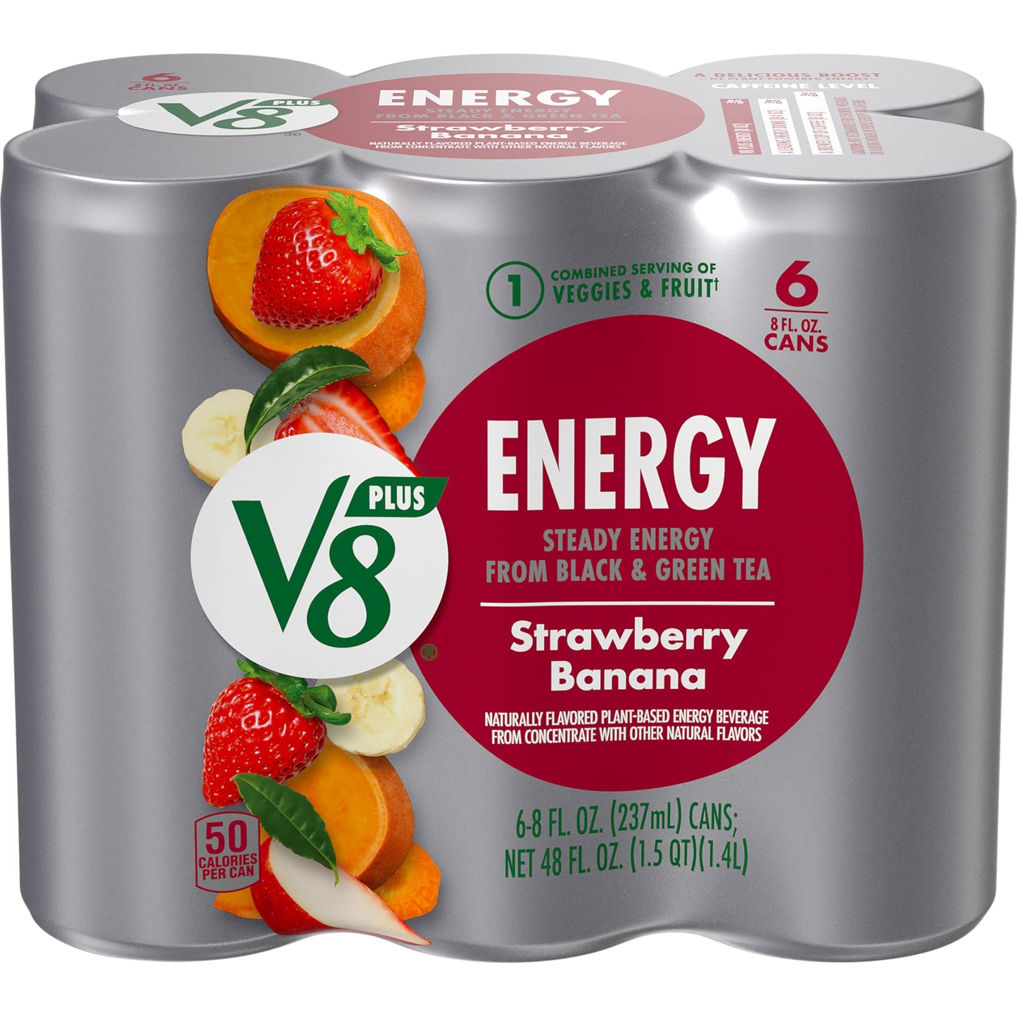 V8 +ENERGY Strawberry Banana Energy Drink, Made with Real Vegetable and Fruit Juices, 8 FL OZ Can (Pack of 6)