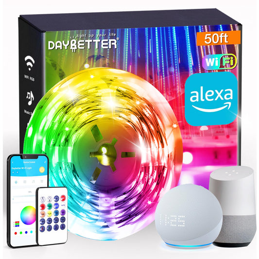 DAYBETTER Smart WiFi Led Strip Lights App Controlled Work with Alexa and Google Assistant Timer Schedule RGB Strip Color Changing Décor for Bedroom Party Kitchen 50ft