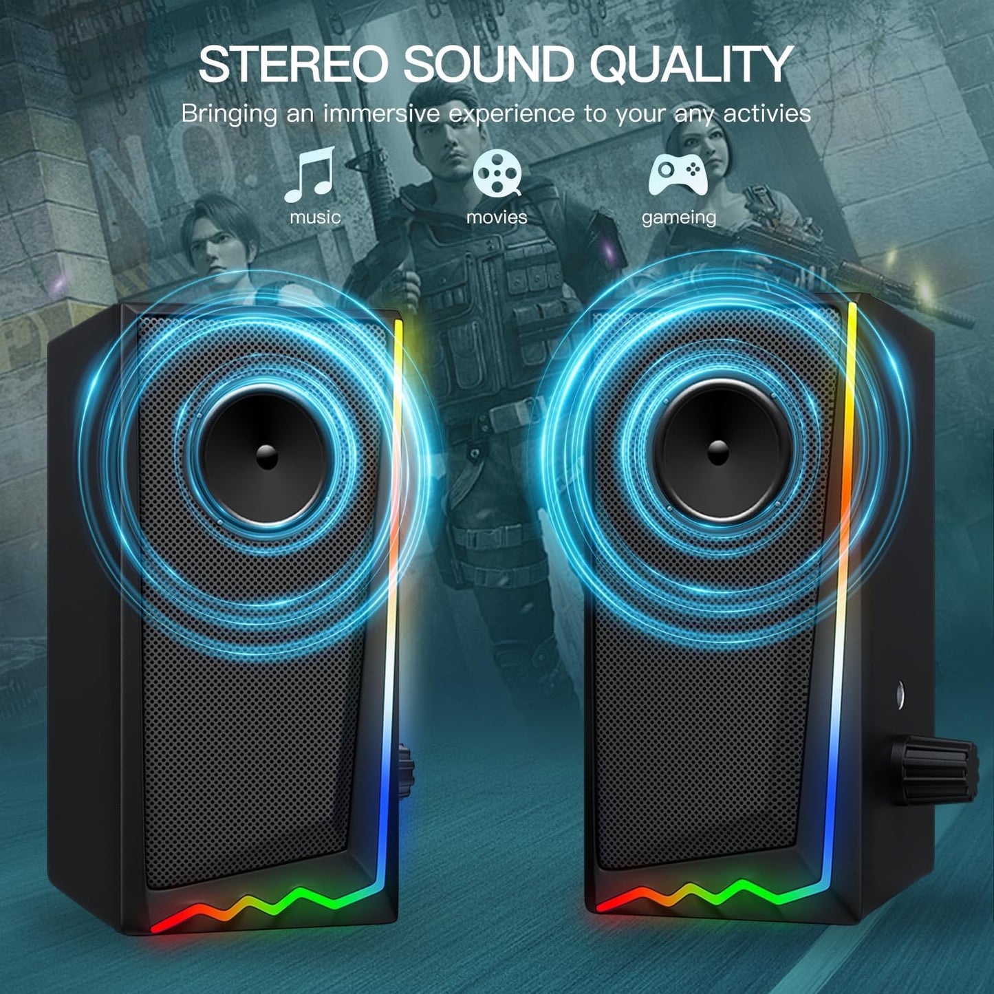 Computer Speakers with 3.5 mm Aux,Desktop Speakers with Various Colorful RGB Lights,Gaming Speakers with Volume Control,Computer Speakers for PC/Desktop Monitor/Laptop/Tablet Phone