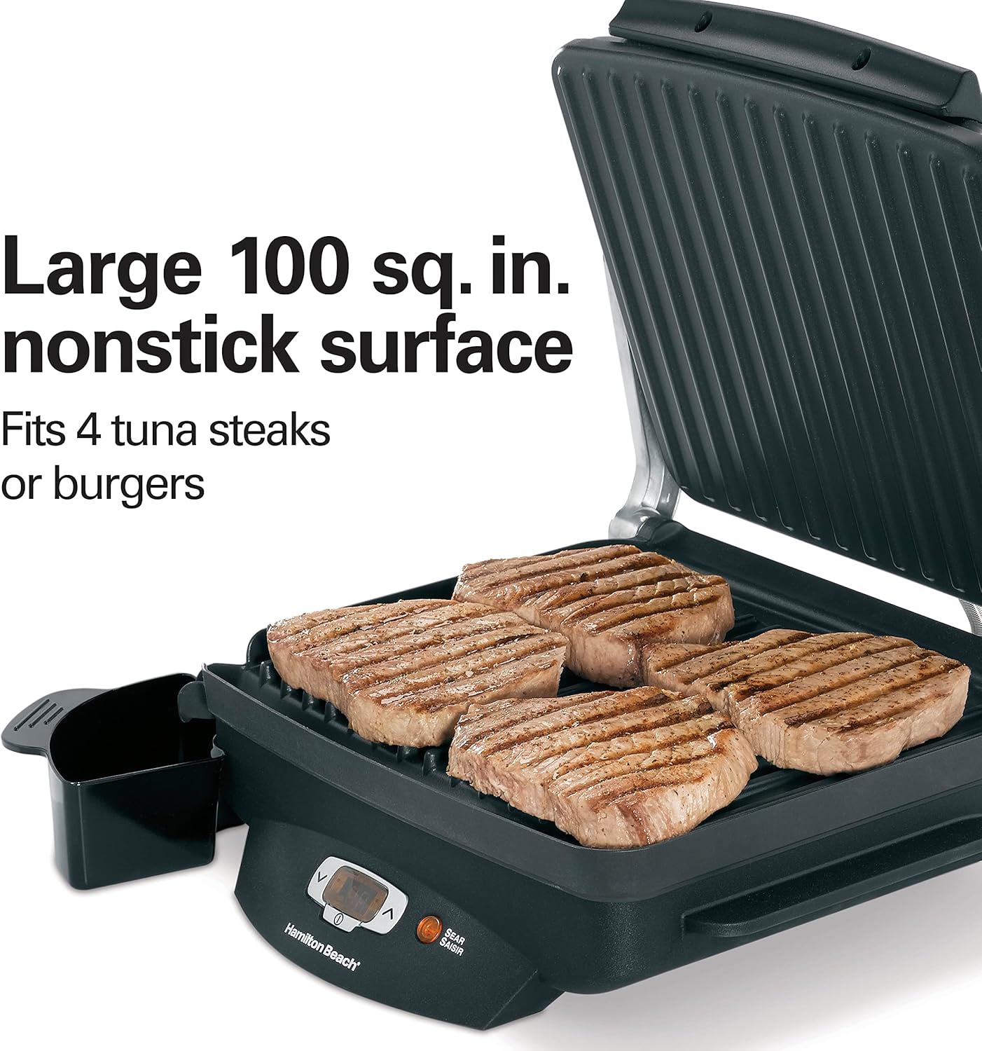 Hamilton Beach Steak Lover's Electric Indoor Searing Grill, Nonstick 100 Square, Stainless Steel (25331), Black and Stainless, Medium