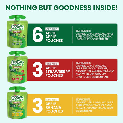 GoGo squeeZ Fruit on the Go Organic Variety Pack, Apple, Strawberry & Banana, 3.2 oz (Pack of 12), Unsweetened Organic Snacks for Kids, No Gluten, Nut & Dairy, Recloseable Cap, BPA Free Pouches