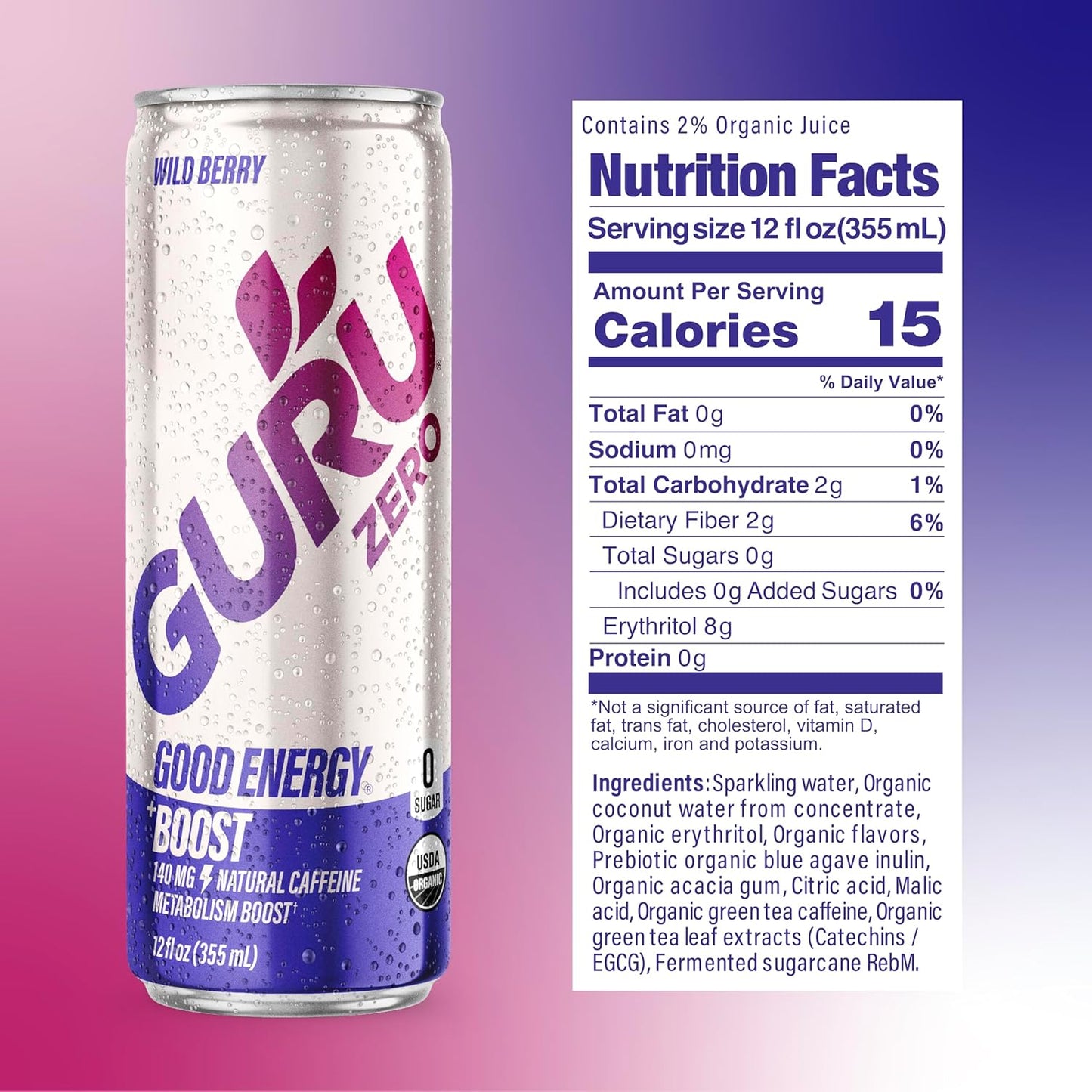 GURU ZERO SUGAR Organic Energy Drinks Variety Pack, Clean Energy Drink with Plant Based Natural Caffeine from Green Tea + Boost, Coconut Water, Prebiotic, Zero Added sugars, Gluten Free and Vegan, Pre Workout, Healthy Drinks, 12oz (Pack of 12)