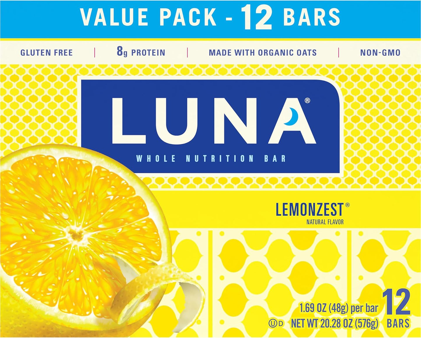 LUNA Bar - LemonZest Flavor - Gluten-Free - Non-GMO - 7-9g Protein - Made with Organic Oats - Low Glycemic - Whole Nutrition Snack Bars - 1.69 oz. (12 Pack)