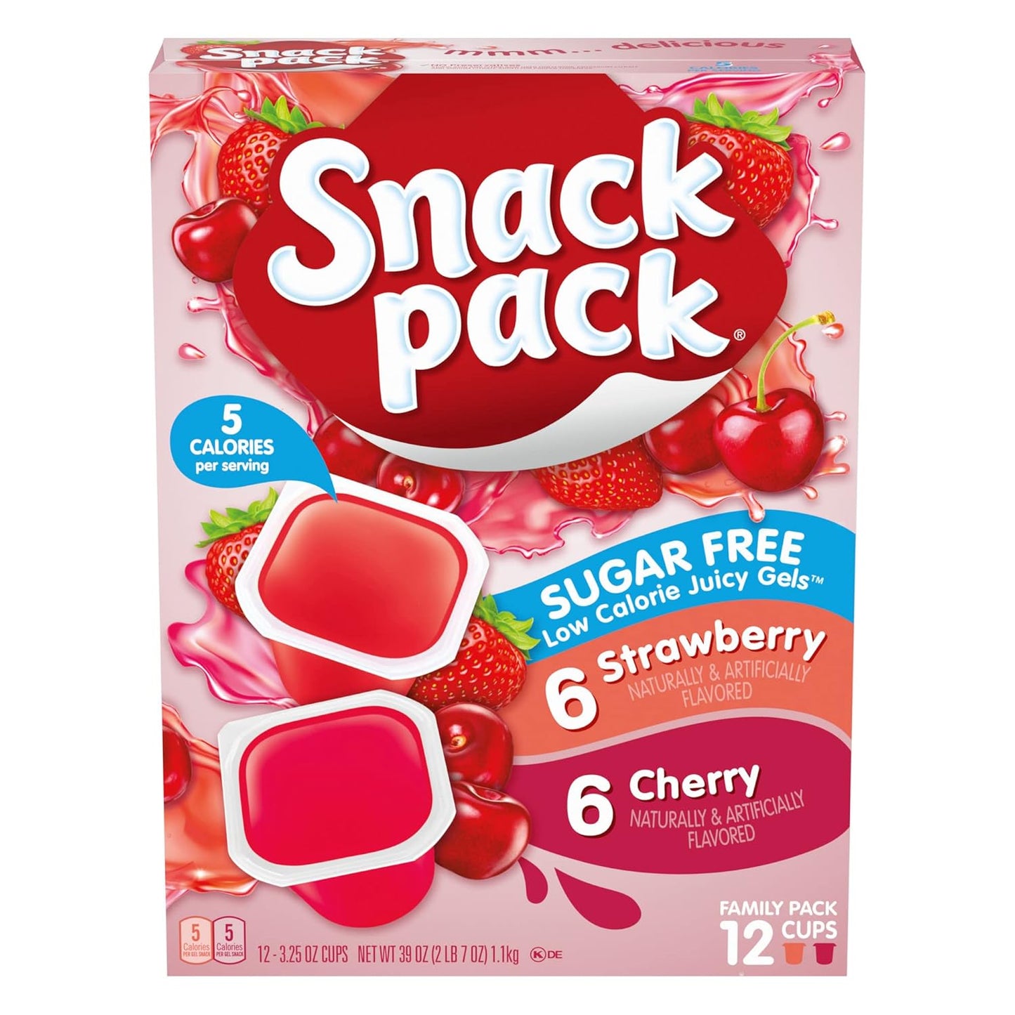 Snack Pack Sugar-Free Strawberry & Cherry Flavored Low Calorie Juicy Gels Family Pack, 3.25 oz 12 ct