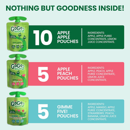 GoGo squeeZ Fruit on the Go Variety Pack, Apple, Peach & Gimme Five!, 3.2 oz (Pack of 20), Unsweetened Fruit Snacks for Kids, Gluten Free, Nut Free and Dairy Free, Recloseable Cap, BPA Free Pouches