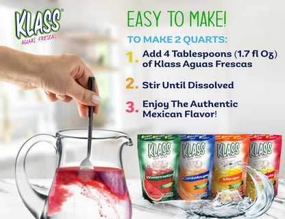 Klass Aguas Frescas | Drink Mix Tropical Variety Pack | Watermelon, Cantaloupe, Mango & Pineapple Drinks Flavors | From Natural Sources, No Artificial Flavors, With Vitamin C (Makes 7 to 9 Quarts) 14.1 Oz Family Pack (4-Pack)