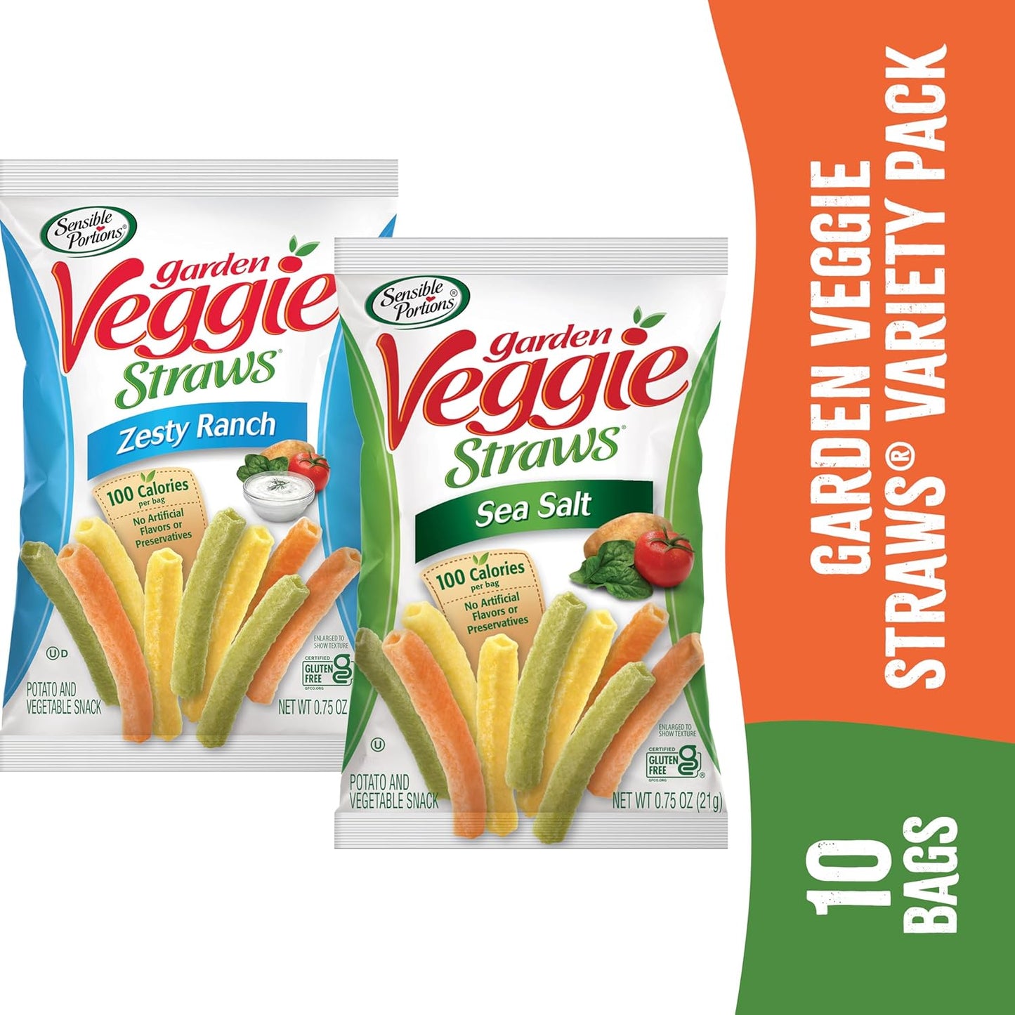 Sensible Portions Veggie Straws Multi-Pack, Sea Salt and Zesty Ranch Flavor, Gluten-Free Chips, Individual Snacks, 0.75 Ounce Bag, 10-Pack