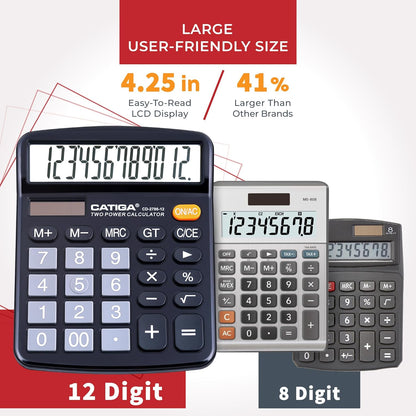 CATIGA 12 Digits Desktop Calculator with Large LCD Display and Sensitive Button, Dual Solar Power and Battery, Standard Function for Office, Home, School, CD-2786