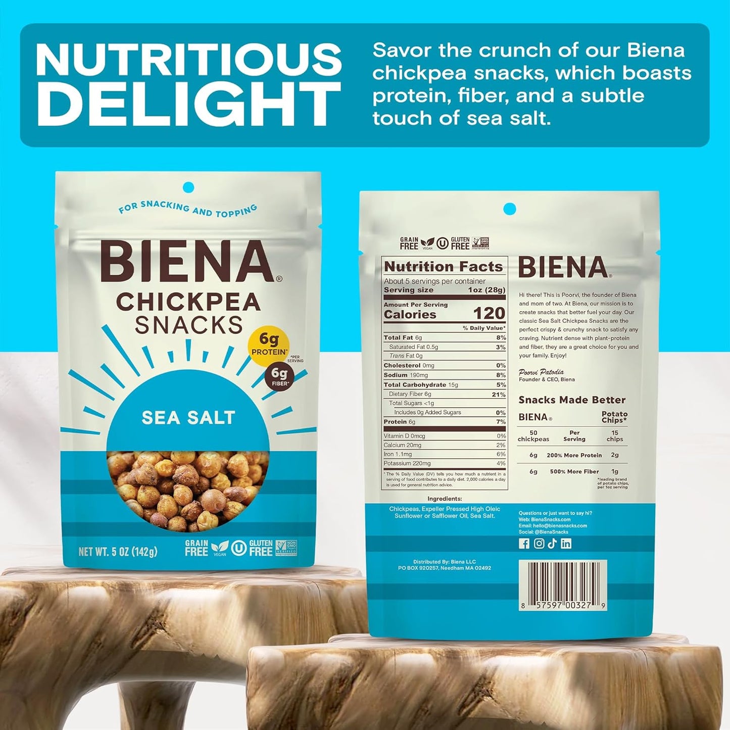 BIENA Chickpea Snacks - Crunchy Roasted Chickpeas - High Fiber Vegan Protein Snacks for Adults and Kids - Individual Pack - Sea Salt