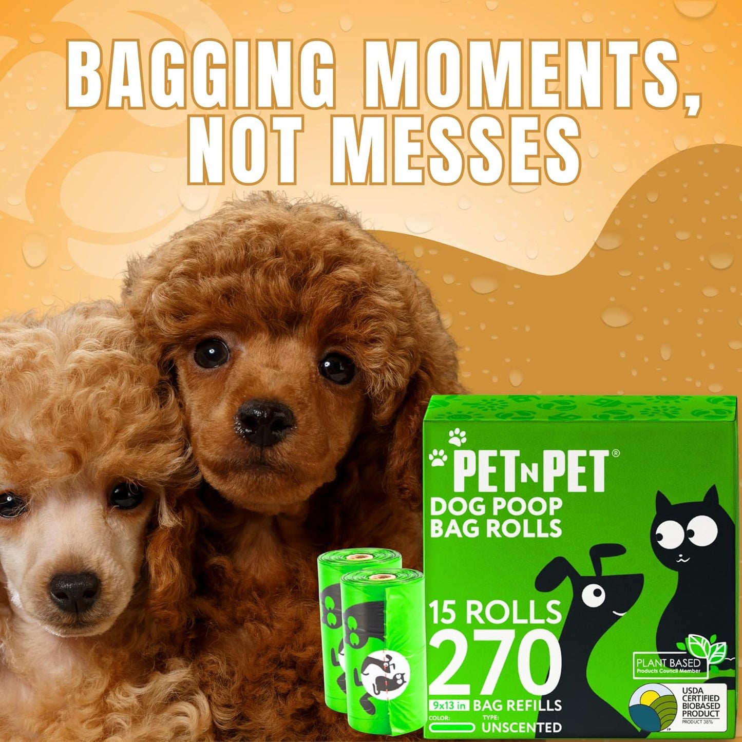 Pet N Pet Poop Bags For Dogs 270 Counts, 38% Plant Based & 62% PE Dog Poop Bags Rolls, Unscented Dog Bags, Green Doggie Poop Bags, Dog Waste Bags, Cat Litter Bags, Cat Poop Bags, Pet Supplies for Dogs