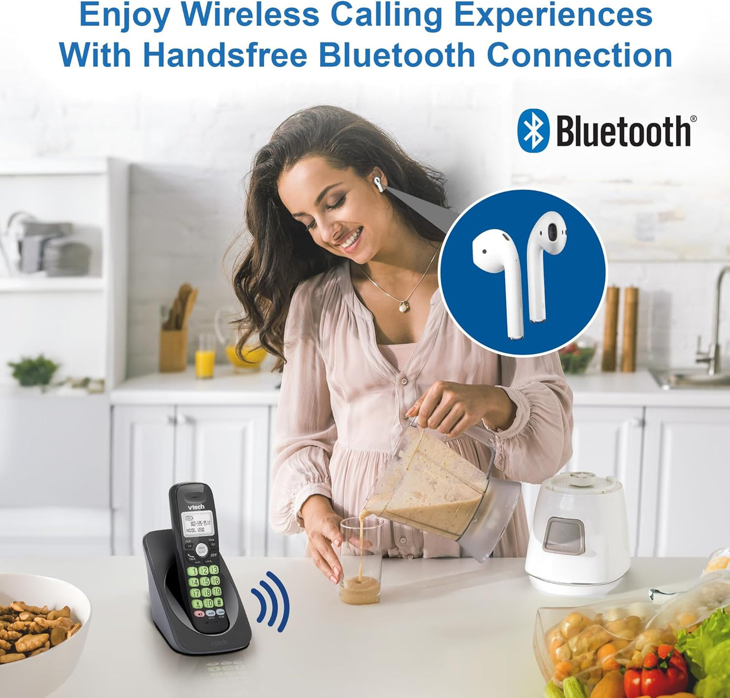 [New] VTech VG131-11 DECT 6.0 Cordless Phone - Bluetooth Connection, Blue-White Display, Big Buttons, Full Duplex, Caller ID, Easy Wall Mount, 1000ft Range (Black)