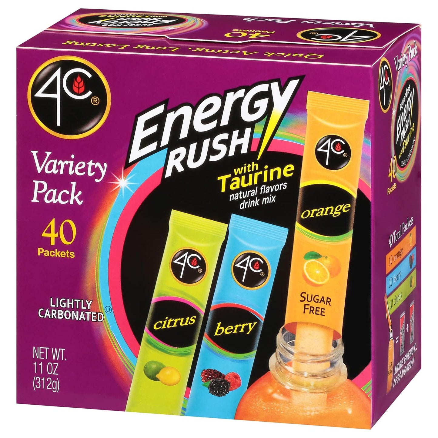 4C Energy Rush Stix, Variety 1 Pack, 40 Count, Single Serve Water Flavoring Packets, Sugar Free with Taurine, On the Go Bundle
