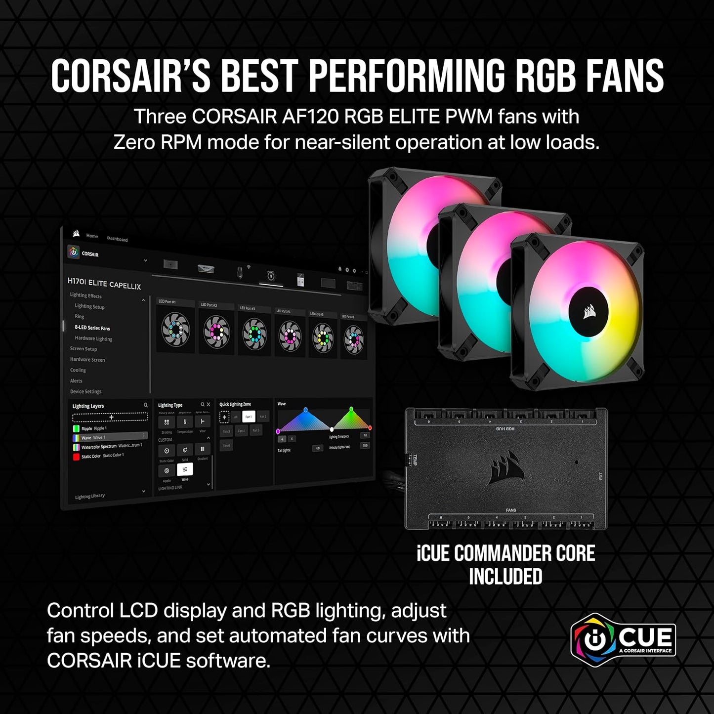 Corsair iCUE H150i Elite LCD XT Liquid CPU Cooler - IPS LCD Screen - Three AF120 RGB Elite Fans - 360mm Radiator - Fits Intel® LGA 1700, AMD® AM5, and More - Included iCUE Commander CORE - Black