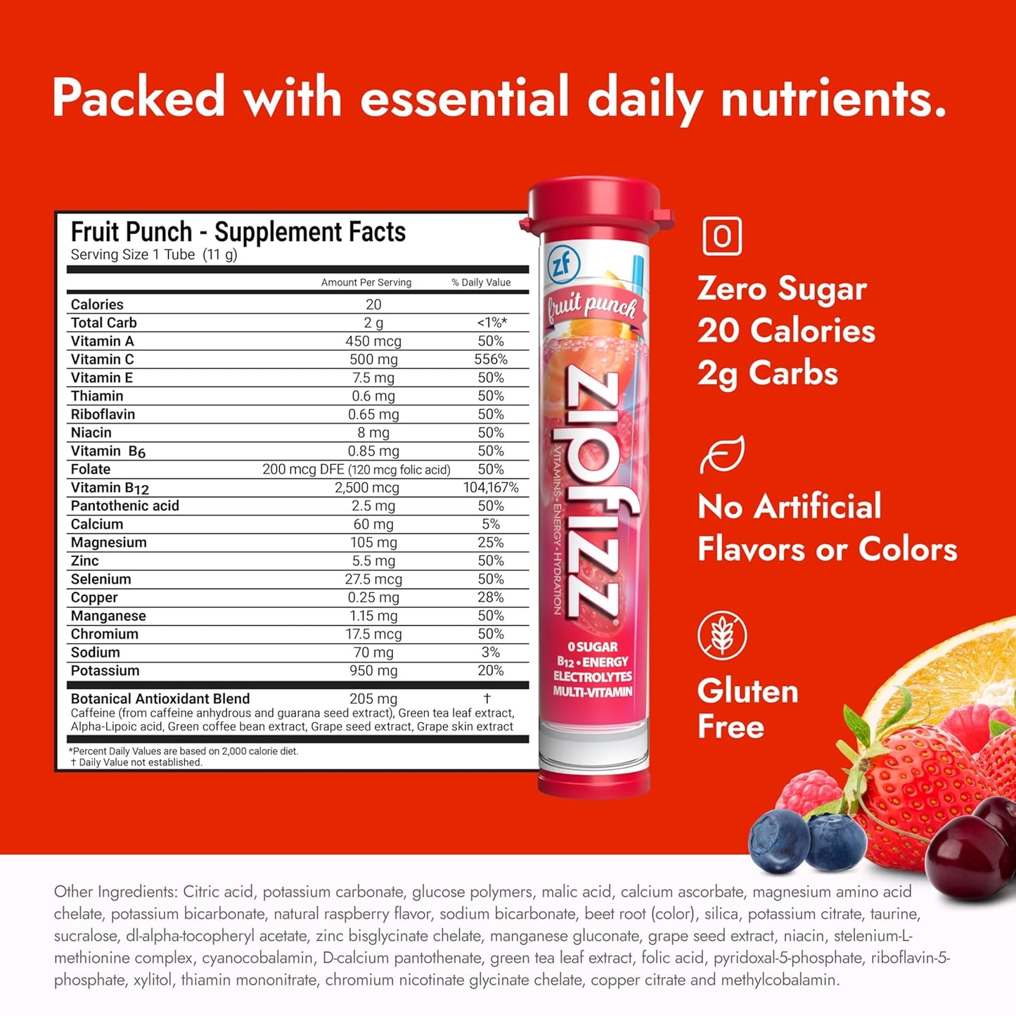 Zipfizz Healthy Energy Drink Mix, Hydration with B12 and Multi Vitamins, Fruit Punch, 20 Tubes (Pack of 1)