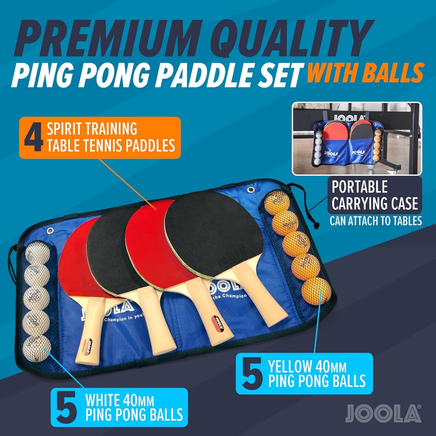 JOOLA Family Premium Table Tennis Bundle Set - 4 Regulation Ping Pong Paddles, 10 Training 40mm Ping Pong Balls and Carrying Case - for Training and Recreational Play - Indoor and Outdoor Compatible
