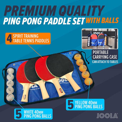 JOOLA Family Premium Table Tennis Bundle Set - 4 Regulation Ping Pong Paddles, 10 Training 40mm Ping Pong Balls and Carrying Case - for Training and Recreational Play - Indoor and Outdoor Compatible
