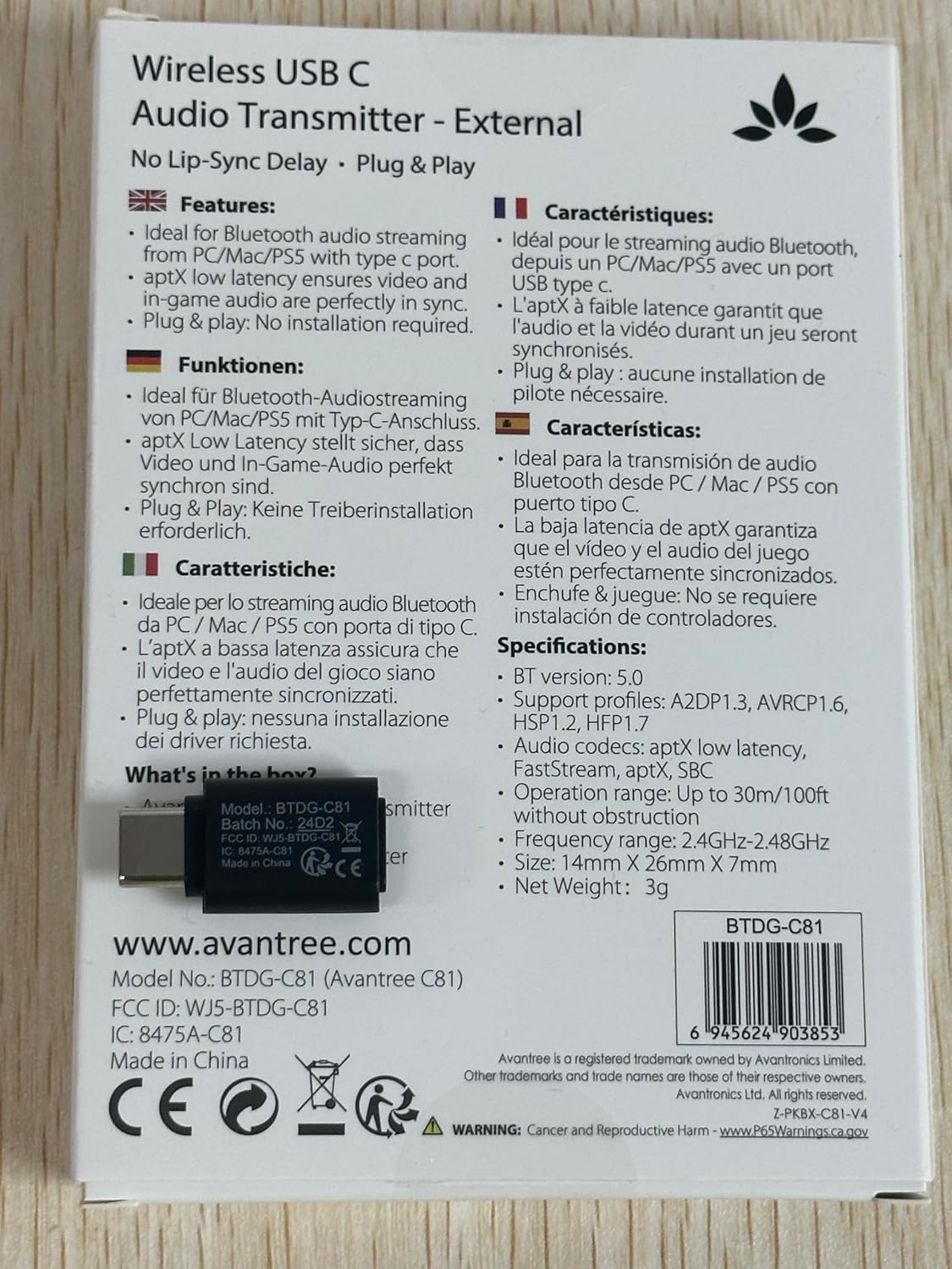 Avantree C81 USB-C Bluetooth Adapter for PS5 - Connect Headphones Wirelessly with aptX Low Latency Support and Included Mini Mic