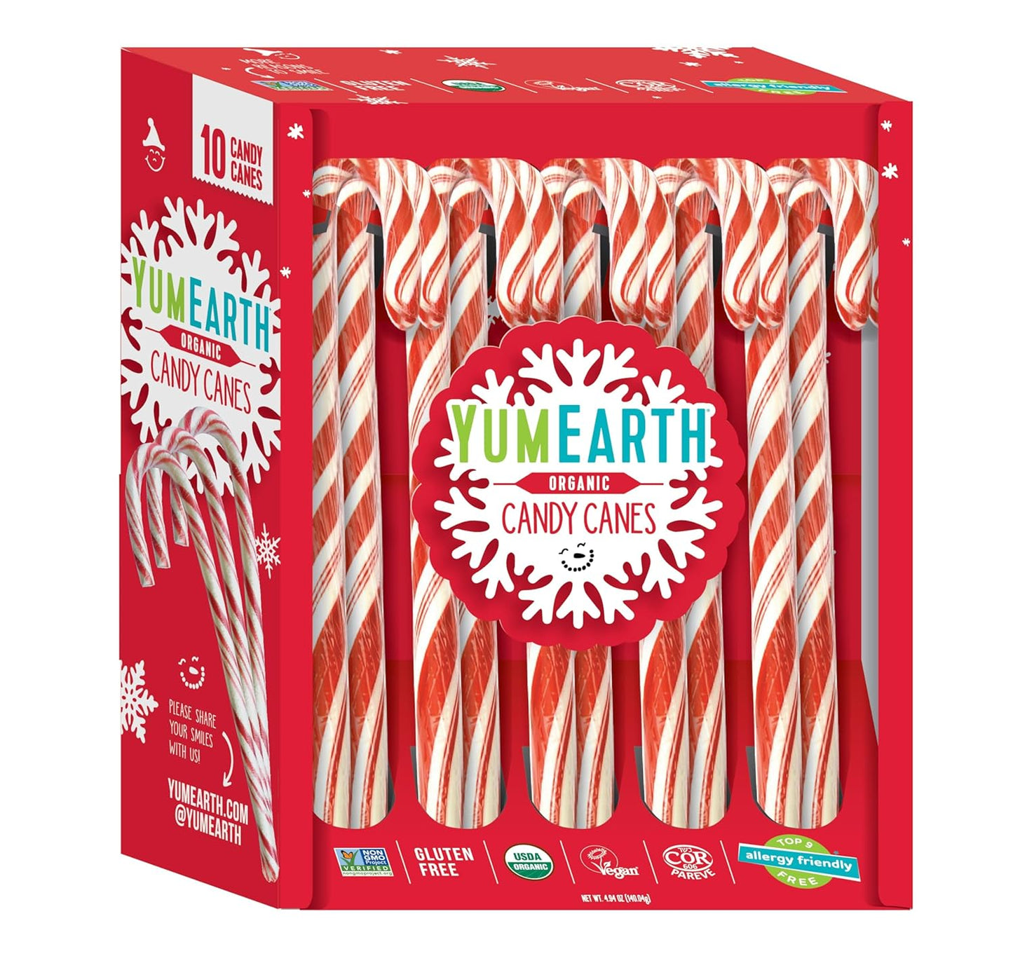 YumEarth Organic Candy Canes - Individually Wrapped Full Size Peppermint Candy Canes - Allergy Friendly, Non GMO, Gluten Free, Vegan - 10 Count (Pack of 1)
