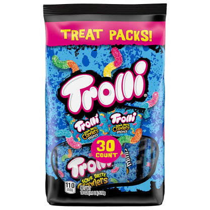 Trolli Mini Sour Brite Crawlers, Candy, Cherry-Lemon, Strawberry-Grape & Orange-Lime, Sweet and Sour, Gummy Worms, Halloween Candy Variety Pack Trick-or-Treat Assortment, 18 oz (30 ct)