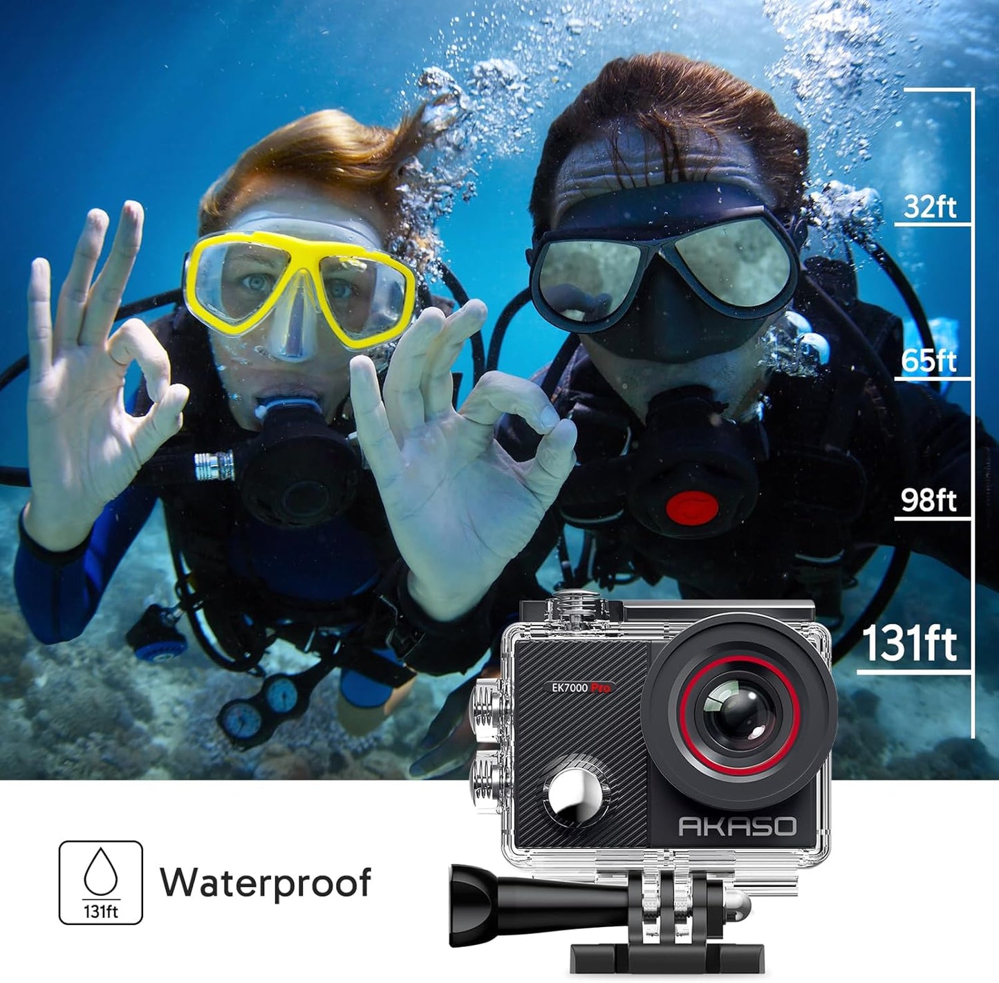 AKASO EK7000 Pro 4K30fps Action Camera with Touch Screen EIS 131ft Waterproof Camera Remote Control 5X Zoom Underwater Camera with Helmet Accessories Kit (with 128GB MicroSD Card)