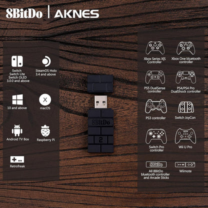 8BitDo USB Wireless Controller Adapter 2 Converter Dongle for Switch/Switch OLED,Steam Deck,Windows,Raspberry Pi, macOS, PS5/PS4/PS3 Controller,Xbox Series X/S,Xbox One Bluetooth Controller OTG Cable