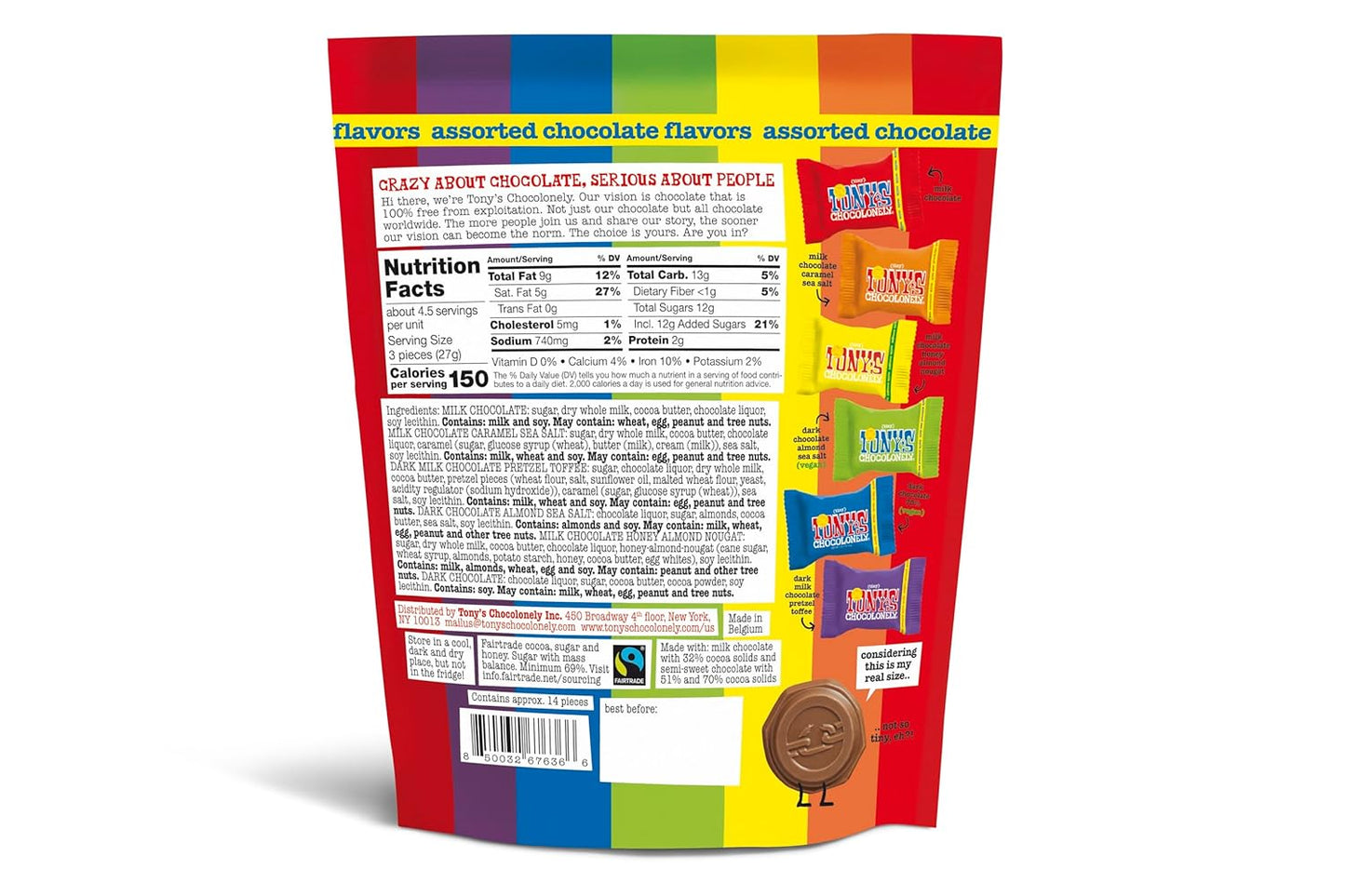 Tony's Chocolonely Assorted Milk Chocoloate Pieces - Belgium Chocolate, Fairtrade & B Corp Certified - 4.44 OZ (1 Pouch),