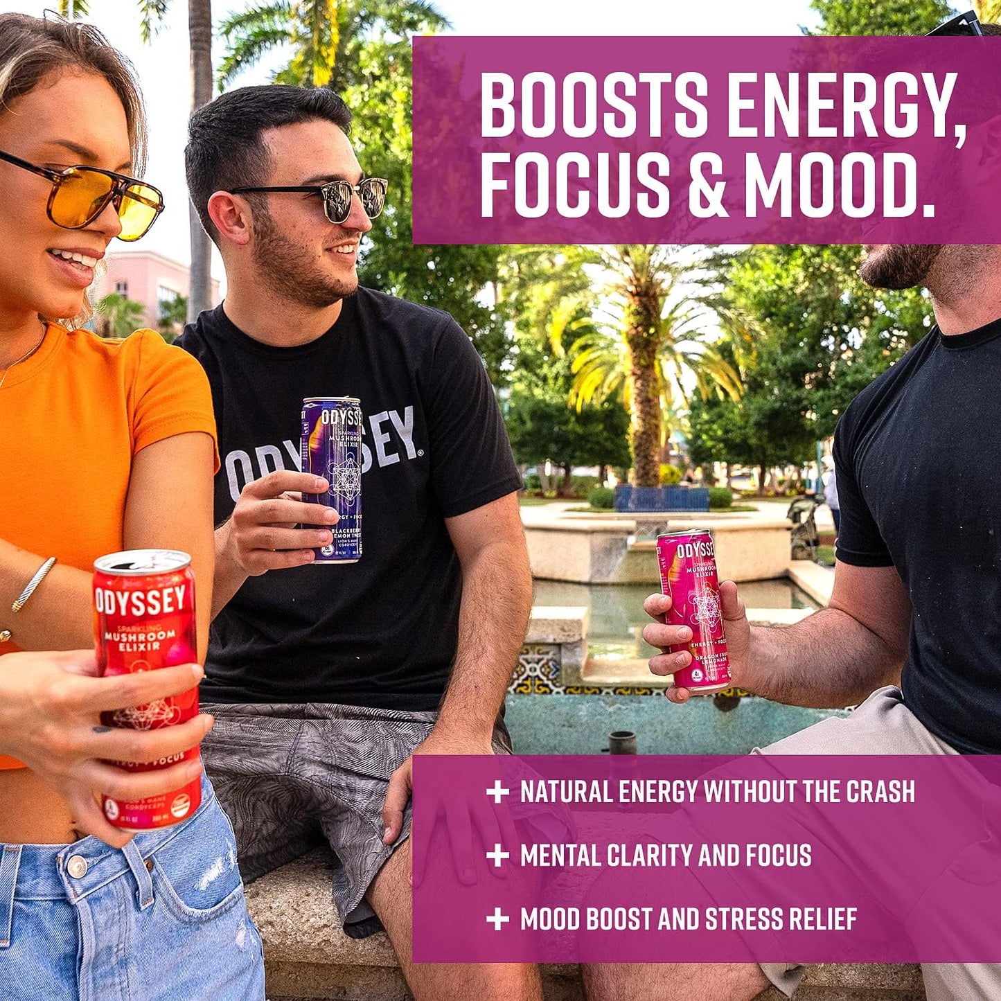 Odyssey Elixir Sparkling Adaptogen Drink, Low Calorie Drinks, L Theanine, Lions Mane, Cordyceps & Green Tea Caffeine for Energy & Focus, Non-GMO, Vegan, Dragon Fruit Lemonade Flavor, 12 Fl oz, 12 Pack