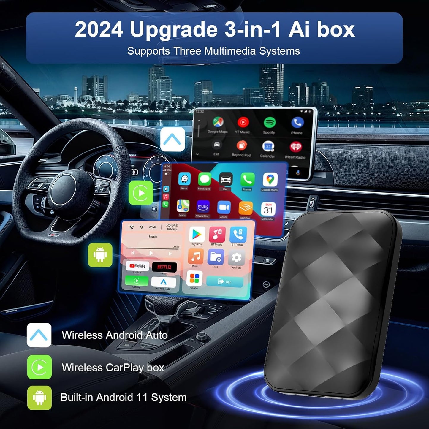 KE'VERSO Wireless CarPlay Adapter & Android Auto Wireless Adapter for iPhone,Magic carplay Ai Box Streaming Device for Cars with OEM Wired CarPlay, Magic Link CarPlay Support Netflix, YouTube, Hulu+