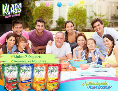 Klass Aguas Frescas | Drink Mix Tropical Variety Pack | Watermelon, Cantaloupe, Mango & Pineapple Drinks Flavors | From Natural Sources, No Artificial Flavors, With Vitamin C (Makes 7 to 9 Quarts) 14.1 Oz Family Pack (4-Pack)