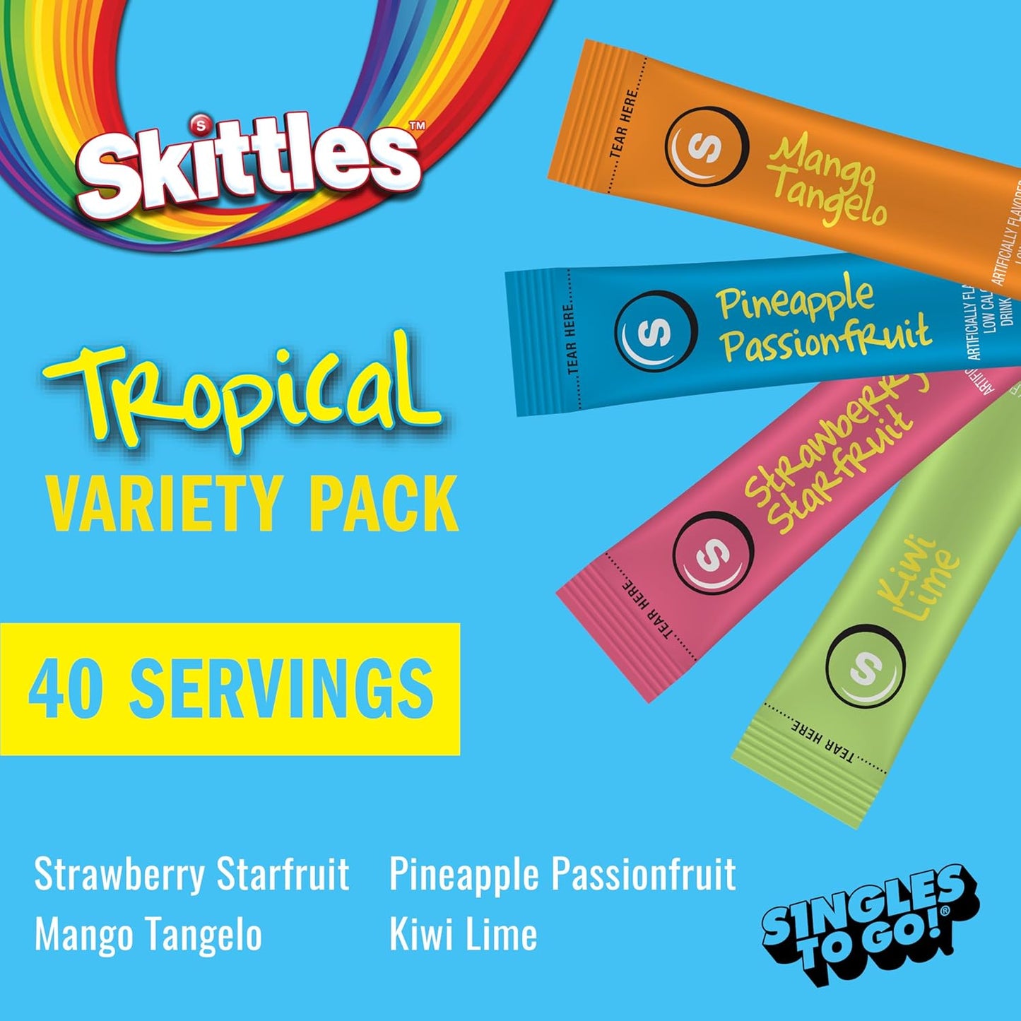 Skittles Singles To Go Tropical Variety Pack, Watertok Powdered Drink Mix, Zero Sugar, Low Calorie, Includes 4 Flavors: Strawberry Starfruit, Mango Tangelo, Kiwi Lime, Pineapple Passionfruit, 1 Box (40 Single Servings)