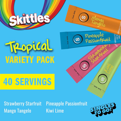 Skittles Singles To Go Tropical Variety Pack, Watertok Powdered Drink Mix, Zero Sugar, Low Calorie, Includes 4 Flavors: Strawberry Starfruit, Mango Tangelo, Kiwi Lime, Pineapple Passionfruit, 1 Box (40 Single Servings)