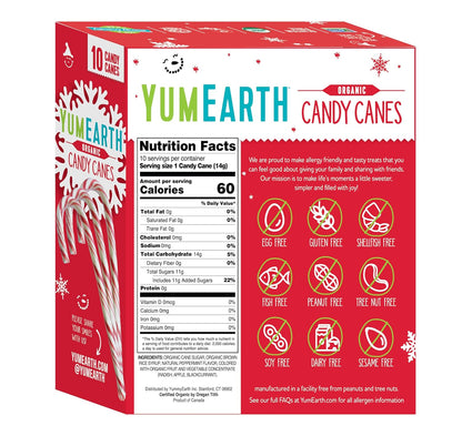 YumEarth Organic Candy Canes - Individually Wrapped Full Size Peppermint Candy Canes - Allergy Friendly, Non GMO, Gluten Free, Vegan - 10 Count (Pack of 1)