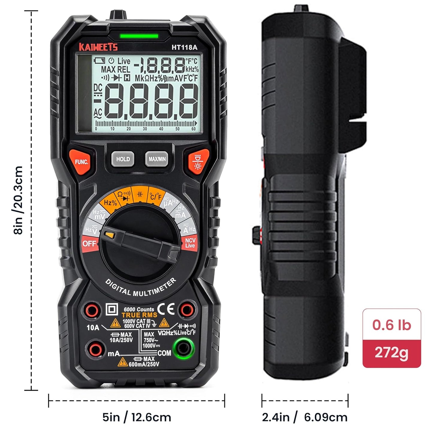 KAIWEETS Digital Multimeter TRMS 6000 Counts Voltmeter Auto-Ranging Fast Accurately Measures Voltage Current Amp Resistance Diodes Continuity Duty-Cycle Capacitance Temperature for Automotive