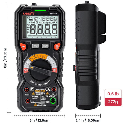 KAIWEETS Digital Multimeter TRMS 6000 Counts Voltmeter Auto-Ranging Fast Accurately Measures Voltage Current Amp Resistance Diodes Continuity Duty-Cycle Capacitance Temperature for Automotive