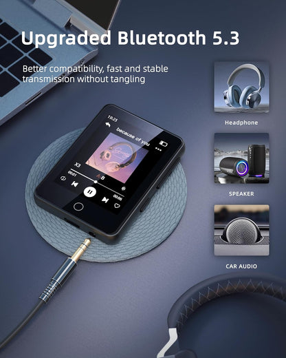 80GB MP3 Player with Bluetooth 5.3, Portable 2.4" Full Touch Screen Music Player for Kids, with HiFi Lossless Sound Speaker,Dictionary,Video,FM Radio,Voice Recorder,E-Book Function,Earphones Included
