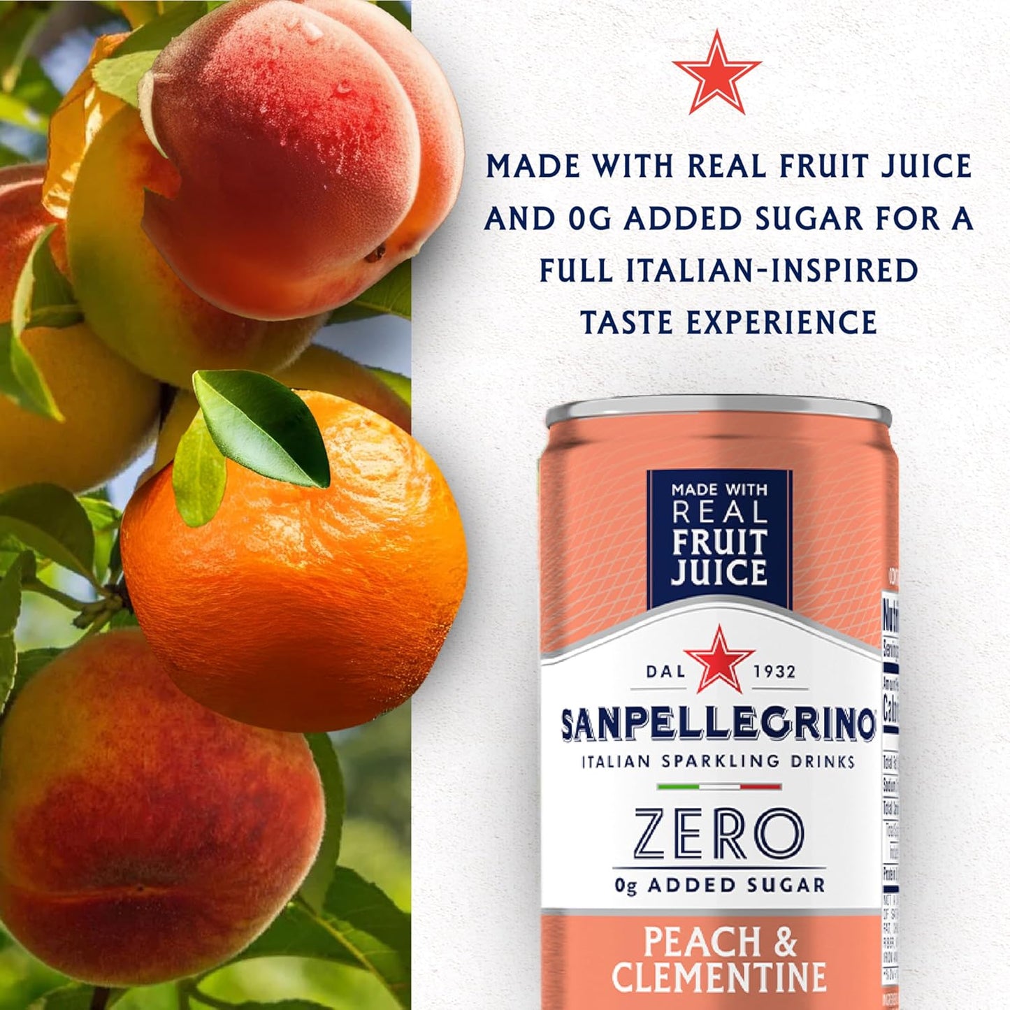 Sanpellegrino Zero Grams Added Sugar Italian Sparkling Drinks, Sparkling Peach Clementine Beverage, 11.15 Fl Oz (Pack of 24)