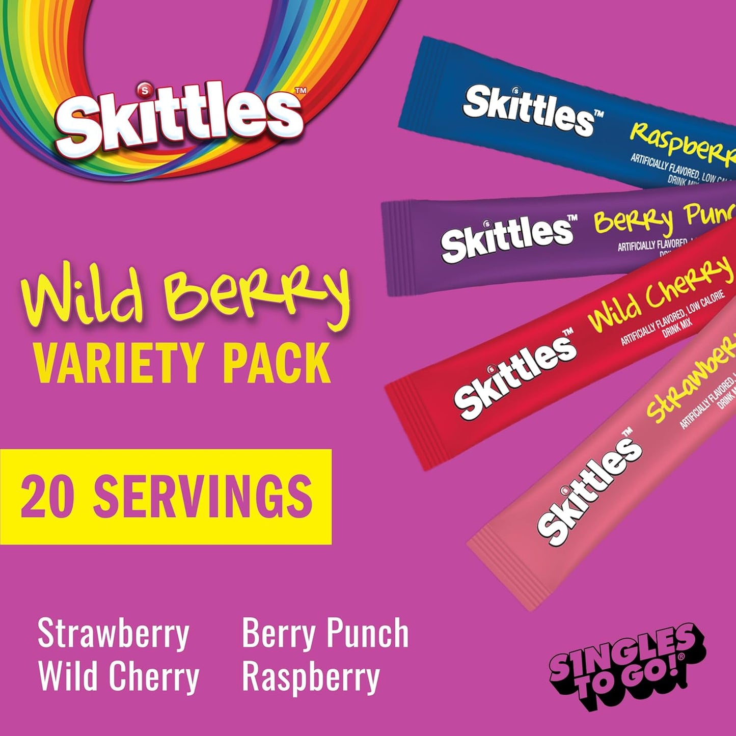 Skittles Singles To Go Variety Pack, Watertok Powdered Drink Mix, Zero Sugar, Low Calorie, Includes 4 Flavors, 1 Box (20 Single Servings) (Wild Berry)