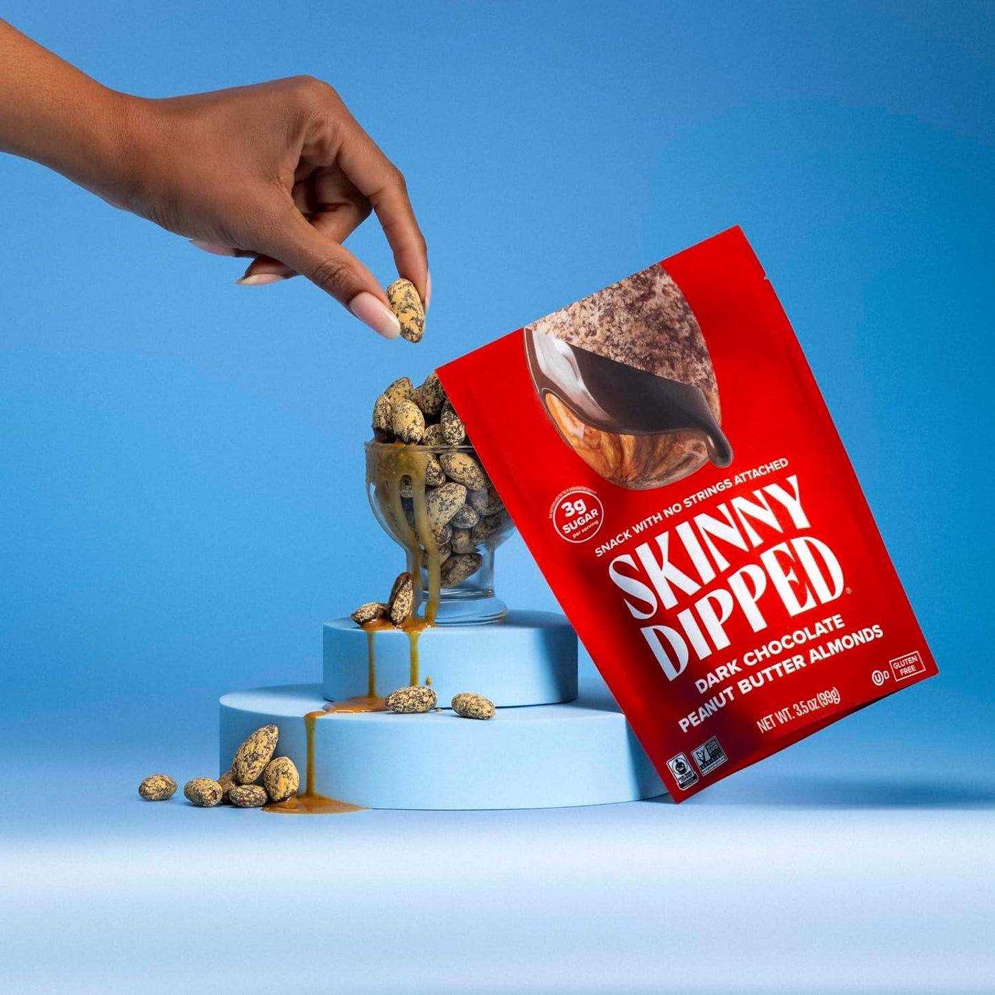 SkinnyDipped Dark Chocolate Peanut Butter Almonds, Healthy Snack, Plant Protein, Gluten Free, 3.5 oz Resealable Bags, Pack of 1