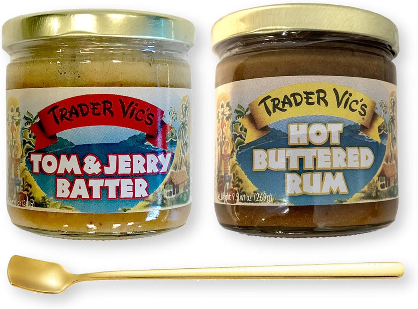 Trader Vic's Combo Pack Tom & Jerry Batter and Hot Buttered Rum Batter 2-Pack 1 Each with Gold Stainless Steel Stirring Spoon (3-Pc Set)