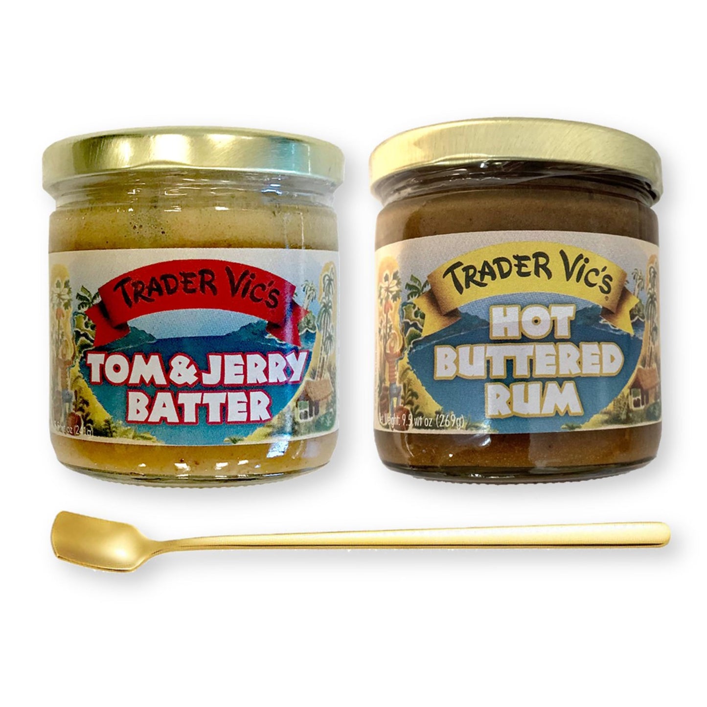 Trader Vic's Combo Pack Tom & Jerry Batter and Hot Buttered Rum Batter 2-Pack 1 Each with Gold Stainless Steel Stirring Spoon (3-Pc Set)