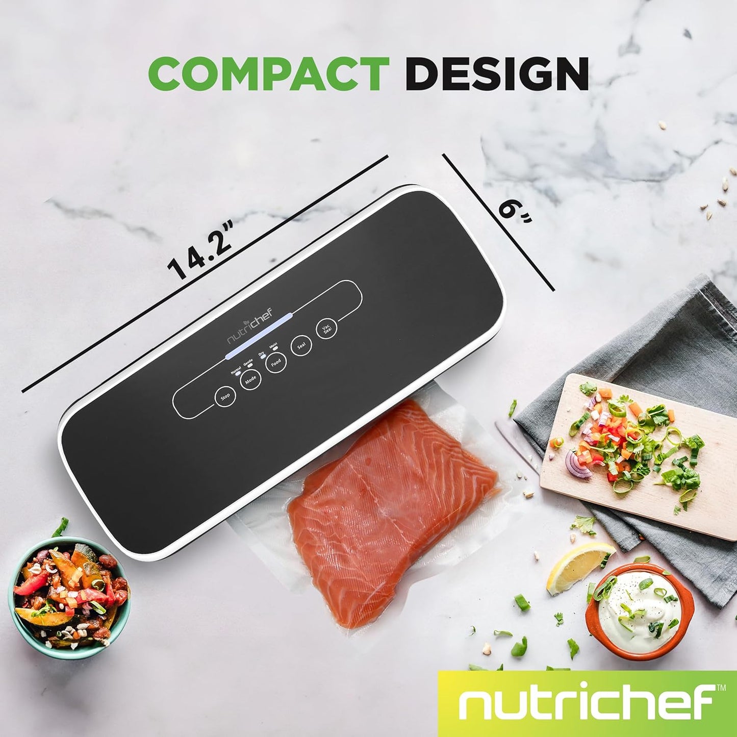NutriChef Automatic Vacuum Air Sealing System for Food Preservation with Starter Kit, Compact Design, Lab Tested, Dry & Moist Food Modes with Led Indicator Lights, Black