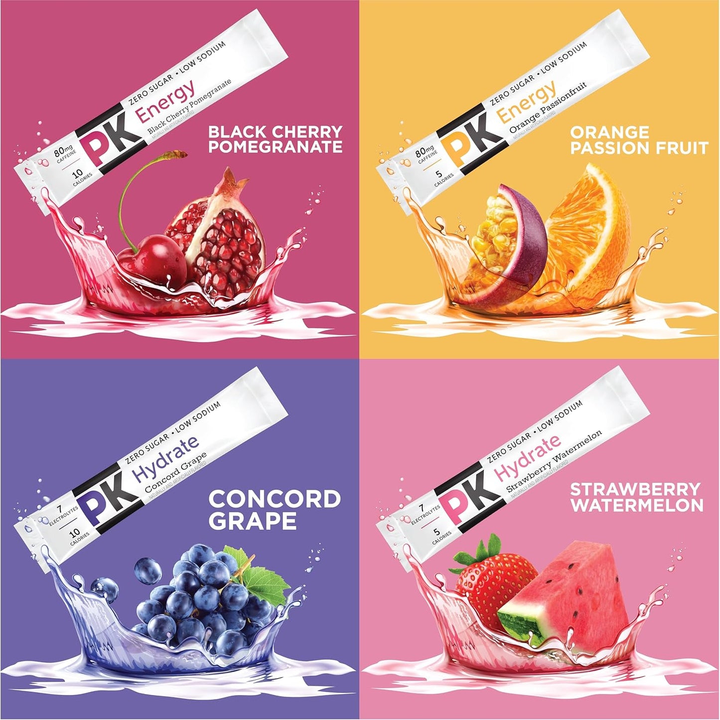 PURE KICK Energy and Hydrate Singles To Go Drink Mix Variety Pack, Black cherry Pomegranate, Orange Passion Fruit, Strawberry watermelon and Concord Grape, 40 Count (Pack - 1)