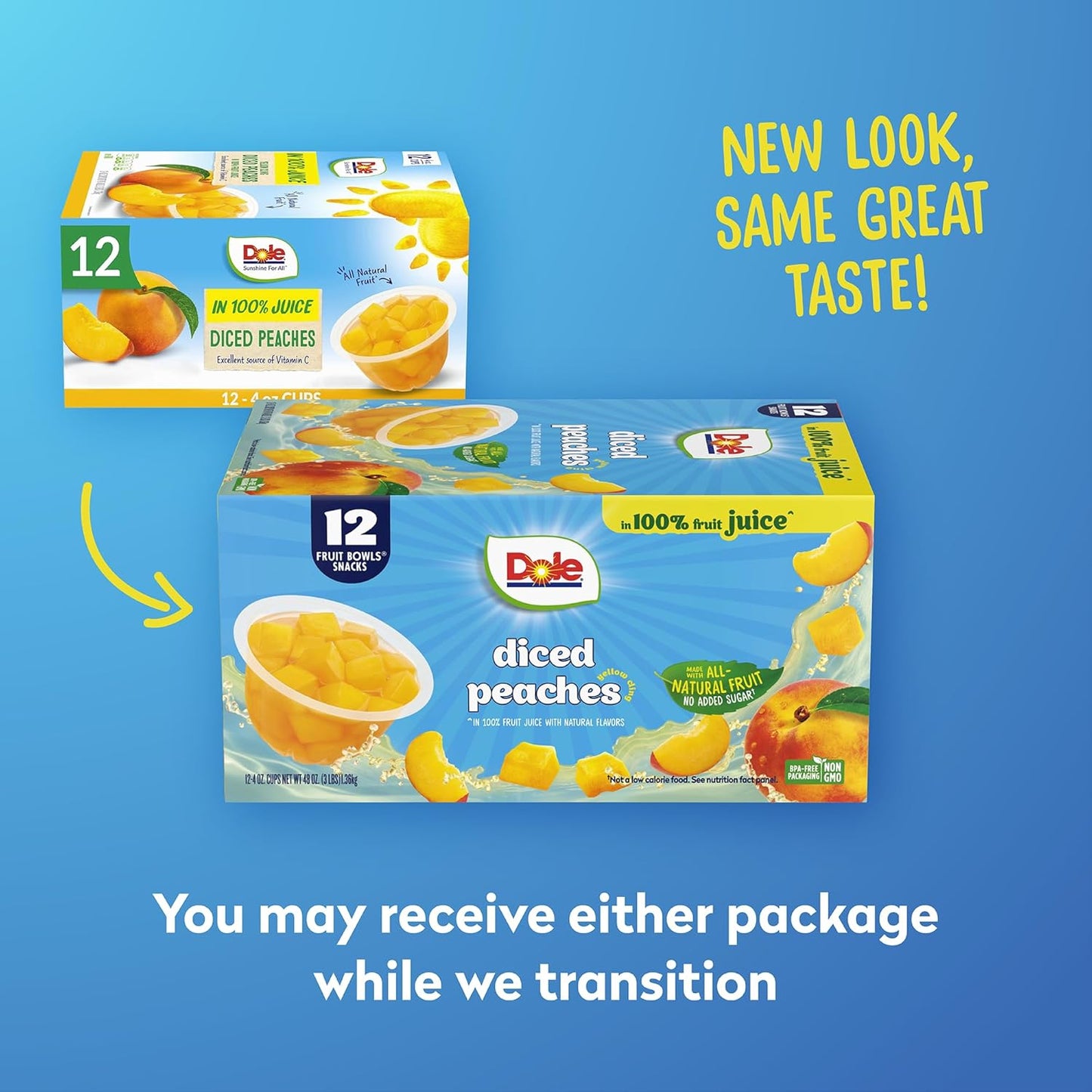 Dole Diced Peaches in 100% Juice^ - Dole Fruit Bowls Snacks - 4 oz Fruit Bowls - 12 Pack