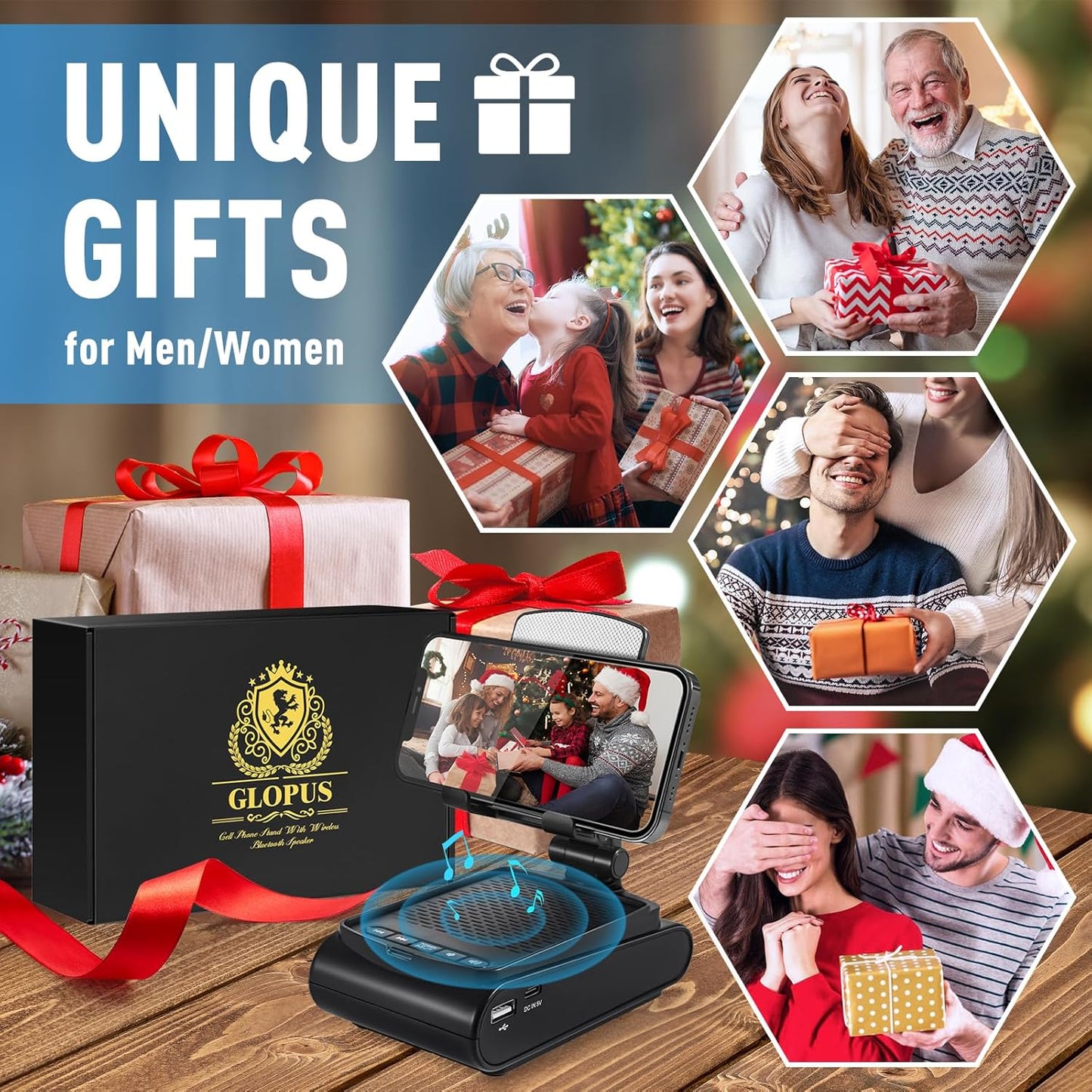 Gifts for Men, Cell Phone Stand with Wireless Bluetooth Speaker, Birthday Gifts for Boyfriend Him Husband Christmas, Stocking Stuffers for Adults, White Elephant Gifts for Adults