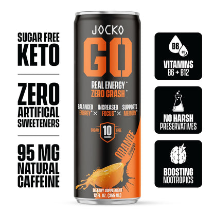 Jocko GO Energy Drink (Afterburner Orange) - KETO, Vitamin B12, Vitamin B6, Electrolytes, L Theanine, Magnesium- All Natural Energy Boost, Sugar Free Nootropic Monk Fruit Blend - 12 Pack