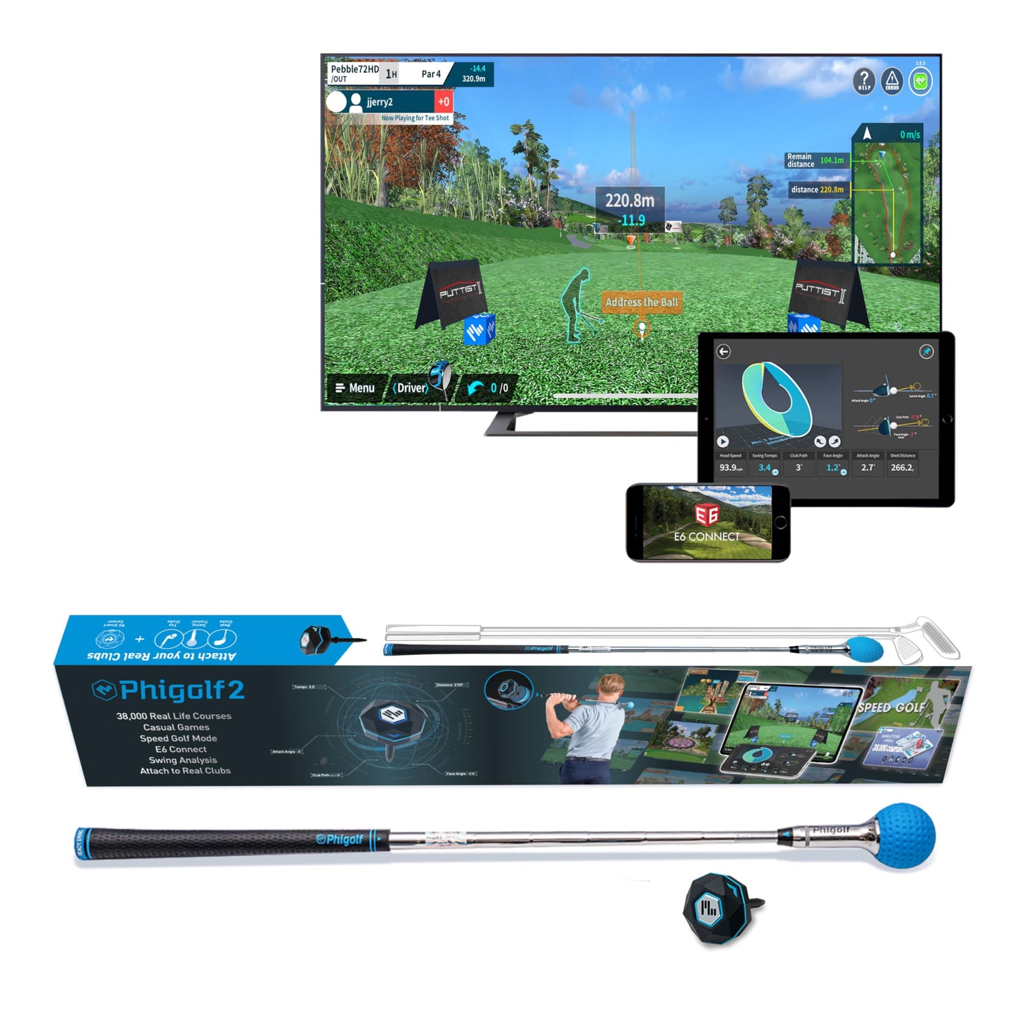 PHIGOLF Home Golf Game Simulator: Enjoy Interactive Golf with Motion Sensor & Swing Stick for Indoor & Outdoor Fun – 38,000+ Courses Worldwide, Compatible with Android, iOS, App & E6 Connect