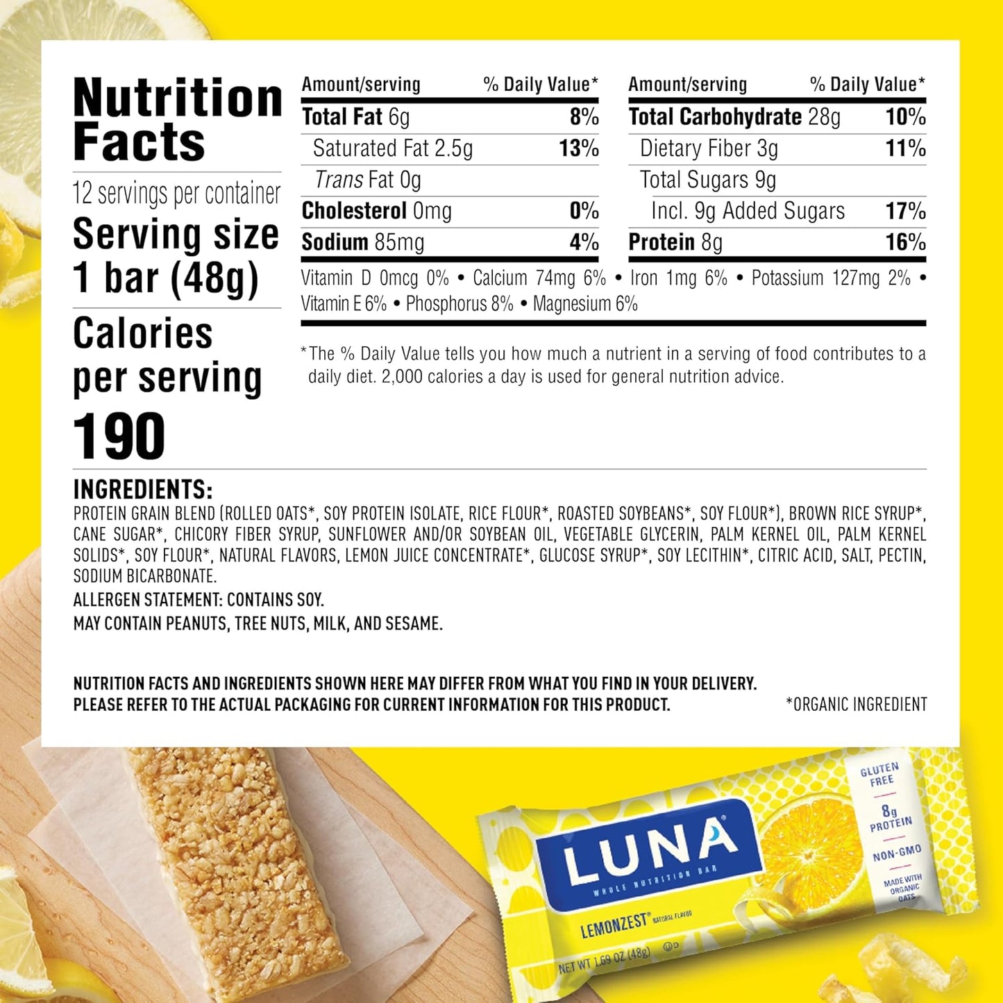 LUNA Bar - LemonZest Flavor - Gluten-Free - Non-GMO - 7-9g Protein - Made with Organic Oats - Low Glycemic - Whole Nutrition Snack Bars - 1.69 oz. (12 Pack)