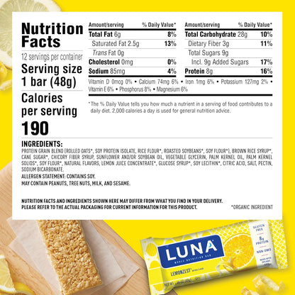 LUNA Bar - LemonZest Flavor - Gluten-Free - Non-GMO - 7-9g Protein - Made with Organic Oats - Low Glycemic - Whole Nutrition Snack Bars - 1.69 oz. (12 Pack)
