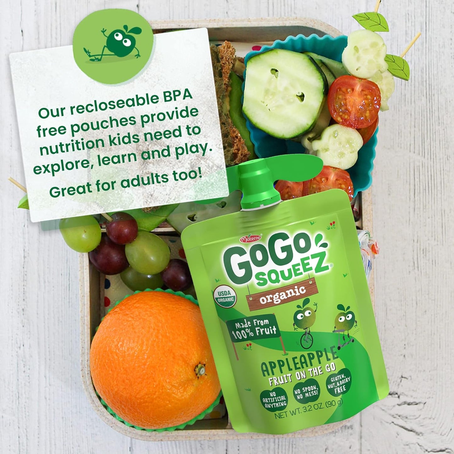 GoGo squeeZ Fruit on the Go Organic Variety Pack, Apple, Strawberry & Banana, 3.2 oz (Pack of 12), Unsweetened Organic Snacks for Kids, No Gluten, Nut & Dairy, Recloseable Cap, BPA Free Pouches